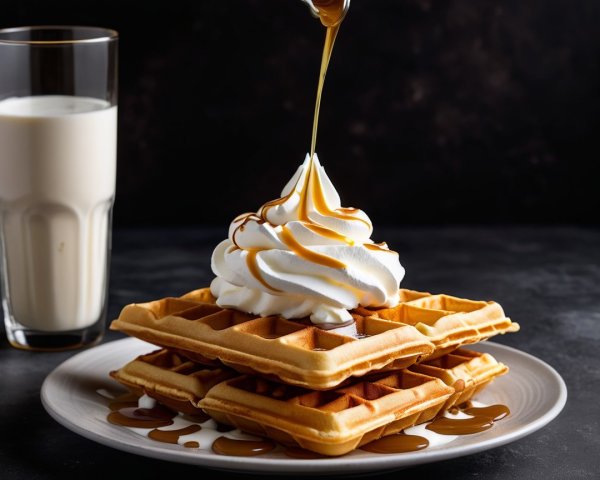 Golden waffles with whipped cream and caramel drizzle