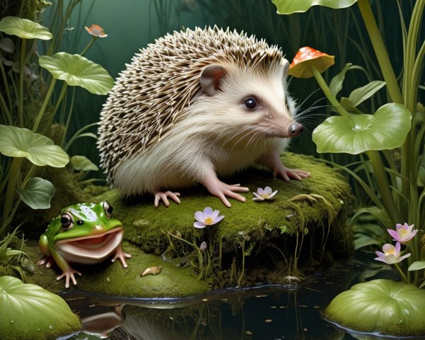 Hedgehog and Frog on Mossy Rock in Serene Setting