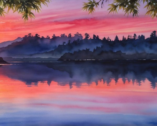 Watercolor Landscape of Sunset Over Calm Waters