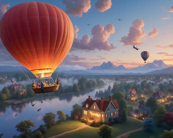 Aerial View of Hot Air Balloon Over Village at Dusk
