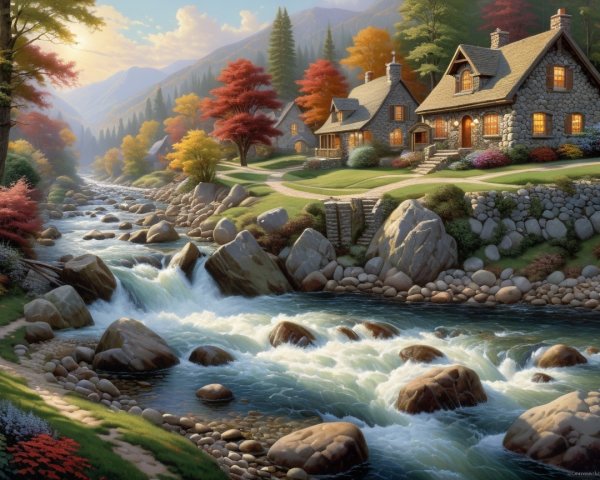 Vibrant Autumn Landscape with River and Stone Houses