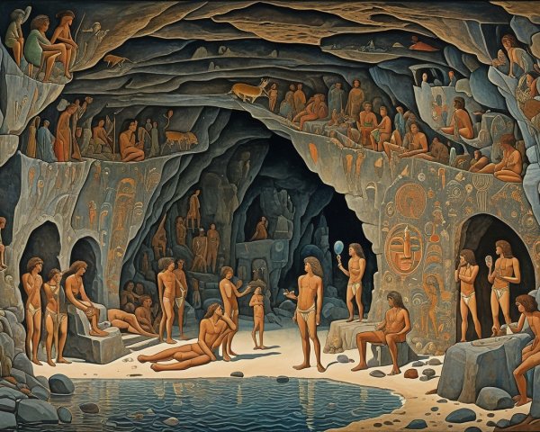 Acrylic Painting of Prehistoric Cave Settlement Scene