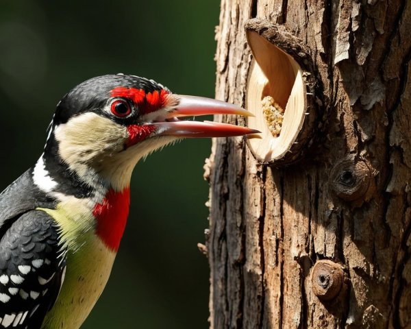 Colorful Woodpecker on Textured Tree Trunk