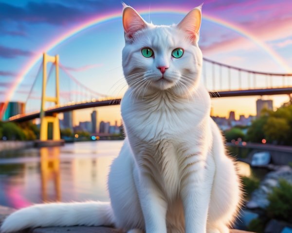 Majestic white cat by river under sunset and rainbow