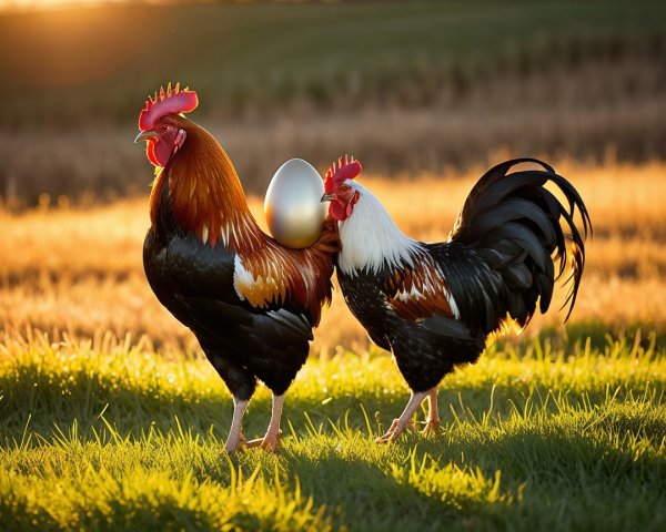 Colorful Roosters in a Sunset Field Scene