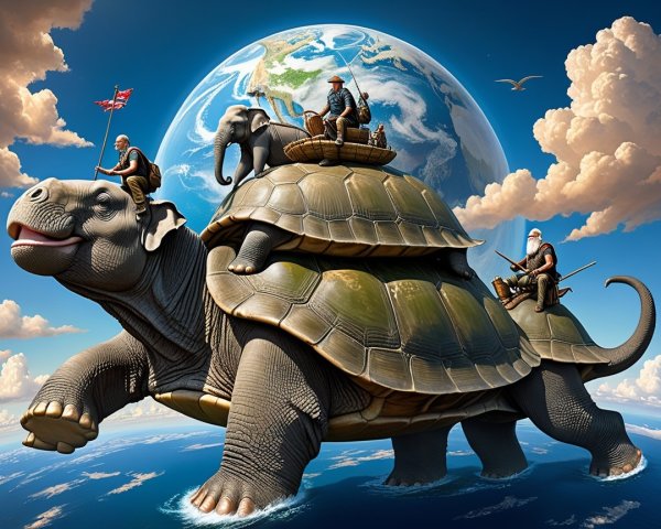 Colossal turtle with elephant and explorers in ocean scene