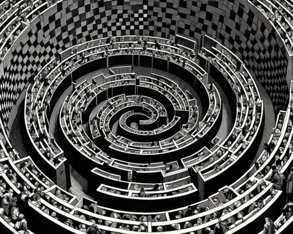 Surreal Spiral Structure with Seated Figures Observing
