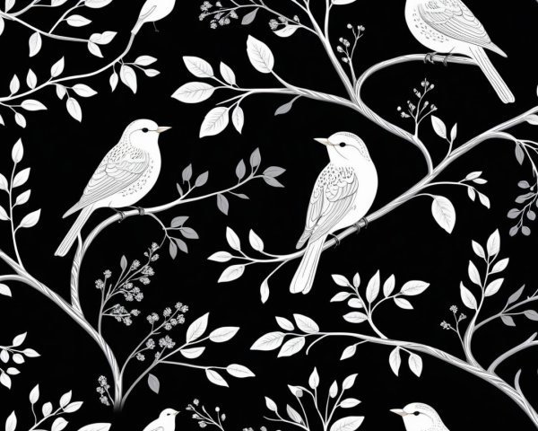 Black Background with White Bird and Floral Illustrations