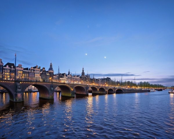 Amsterdam Twilight Skyline with Canal and Celestial Bodies