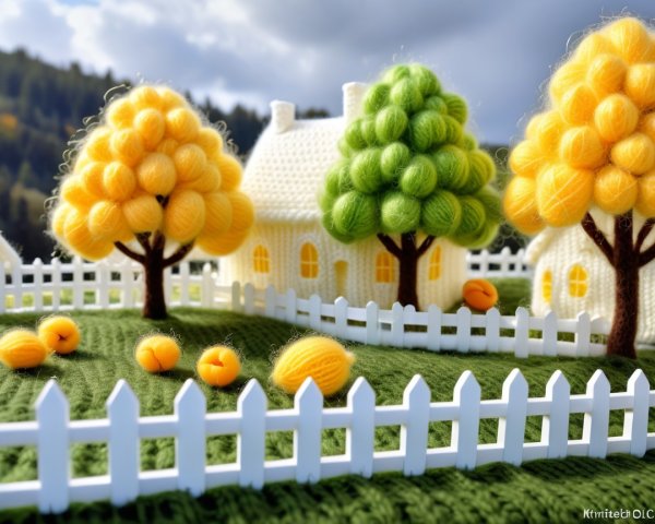 Knitted Houses Amidst Colorful Yarn Landscape