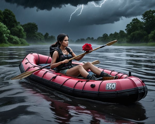 Woman in red raft on stormy river with rose