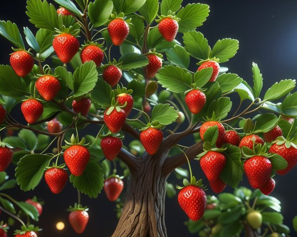Whimsical tree with ripe strawberries and lush leaves