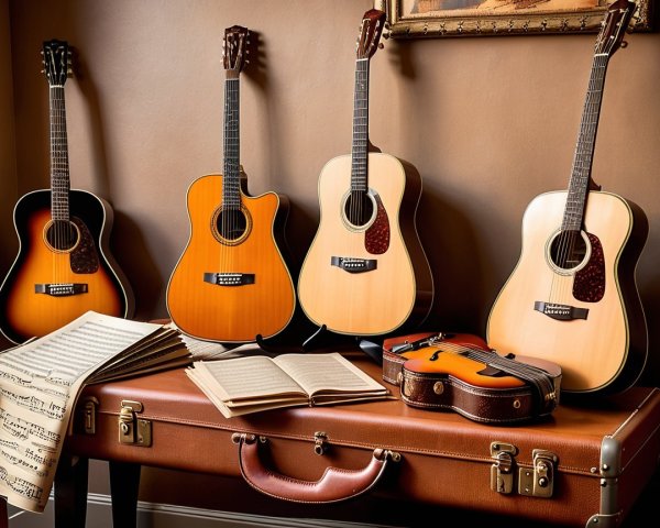 Acoustic Guitars and Violin on Vintage Suitcase Display