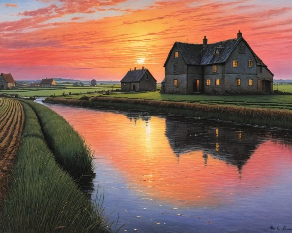 Serene Rural Landscape at Sunset with Vibrant Colors