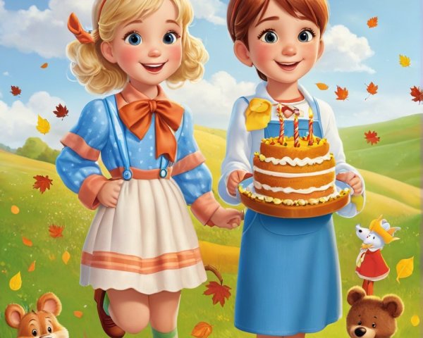 Cartoon Girls in Autumn Field with Colorful Leaves