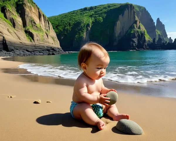 Joyful Baby on Sandy Beach with Lush Cliffs and Water