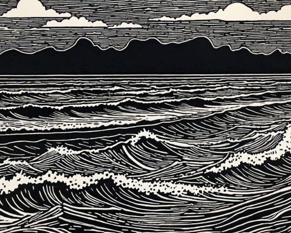 Black and White Linocut of Ocean Waves and Mountains