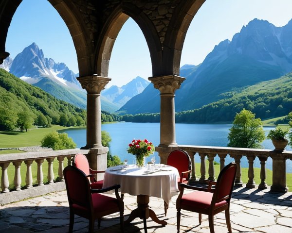 Outdoor Dining Setup with Lake and Mountain View