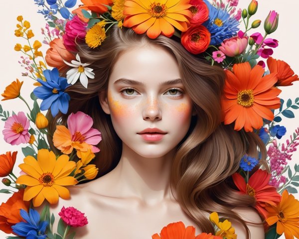 Young woman with floral crown and light features