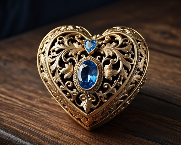 Ornate gold heart-shaped box with blue gem centerpiece