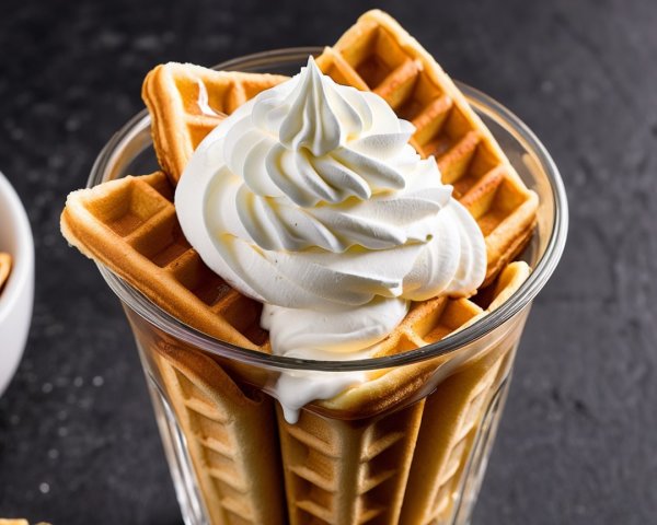 Golden-brown waffles with whipped cream in a glass