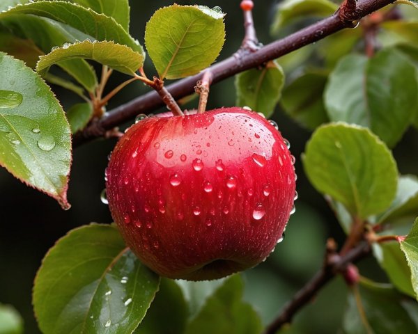 Close-Up of a Shiny Red Apple with Green Leaves