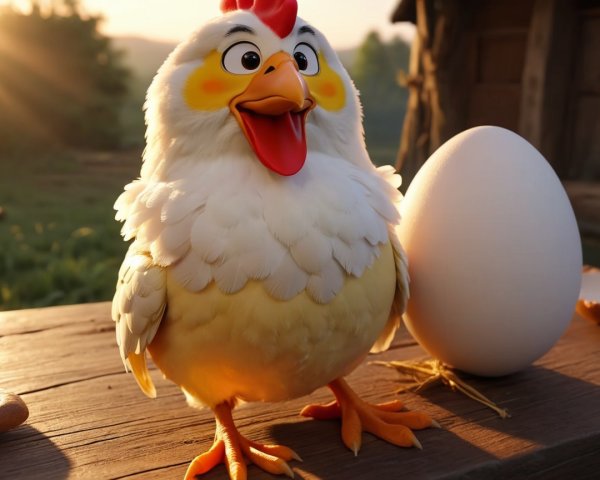 Cheerful cartoon chicken with egg on wooden surface
