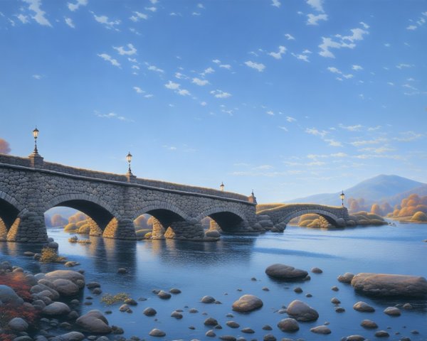 Stone Bridge Over Tranquil River in Oil Painting