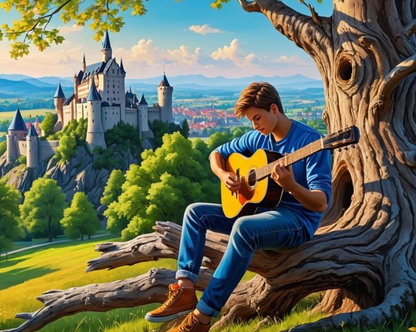 Young man playing guitar near a fairytale castle
