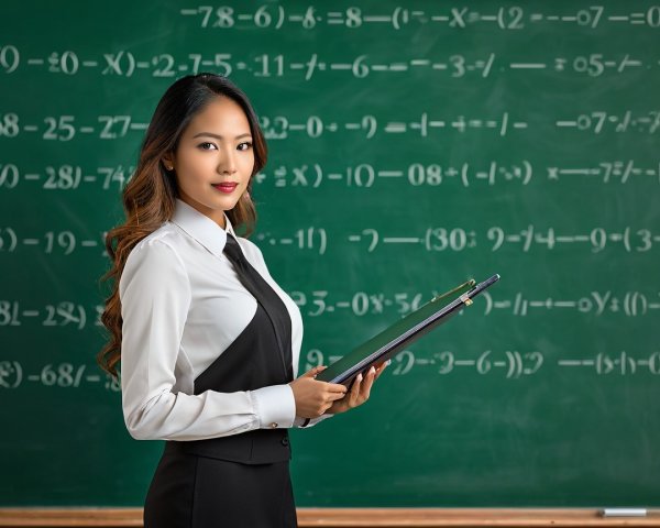 Confident Teacher with Chalkboard and Equations