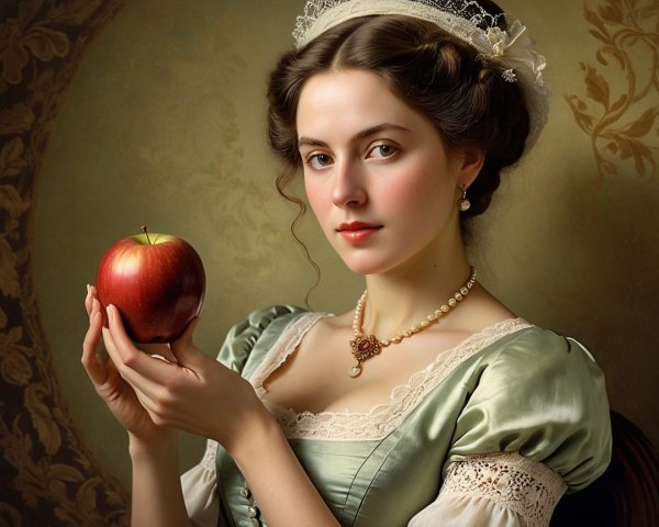 Young Woman in Historical Dress with Red Apple
