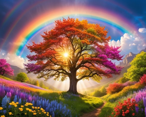 Majestic Tree in Colorful Landscape with Rainbows