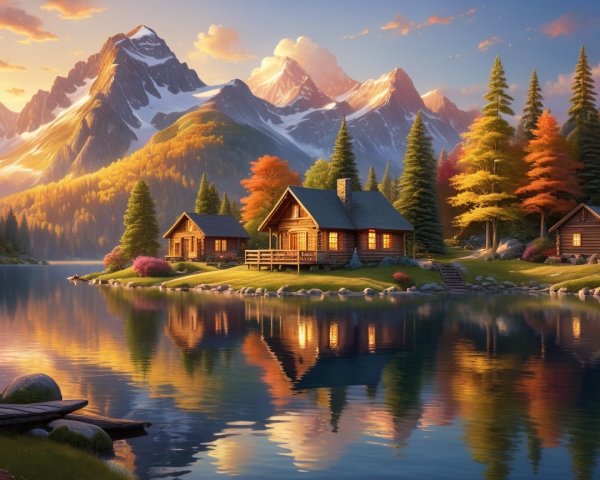 Lakeside Cabins Amidst Autumn Trees and Mountains
