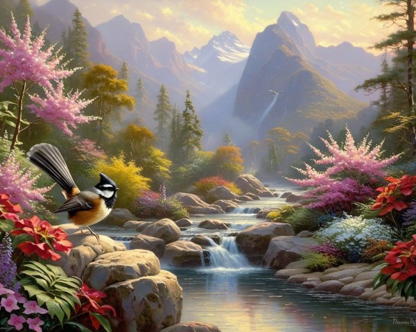 Serene landscape with river, flowers, and mountains