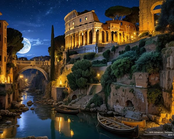 Serene Evening Scene with River and Ancient Ruins