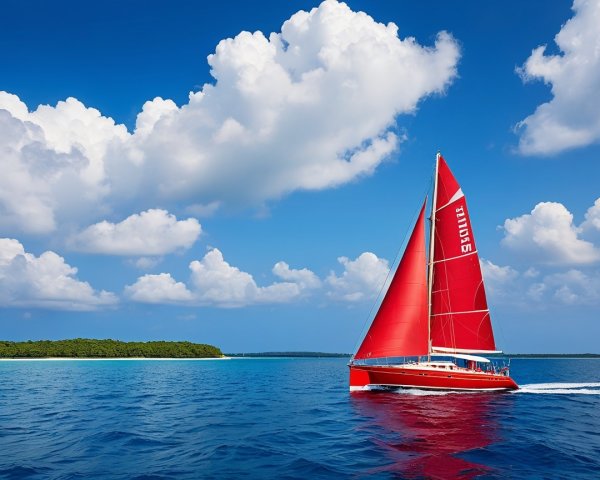 Vibrant Red Sailboat on Azure Waters with Islands