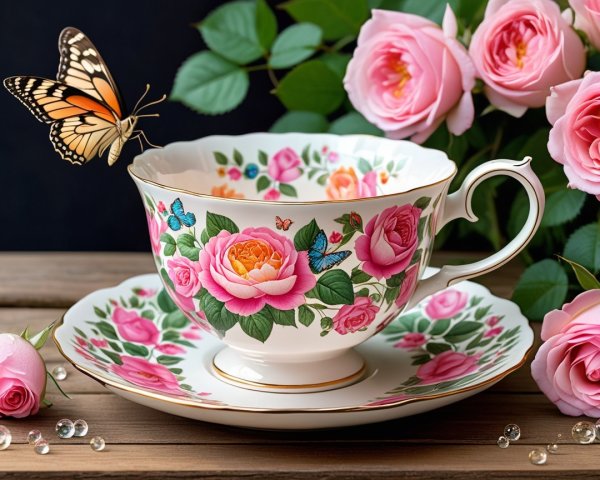 Porcelain Teacup with Roses and Butterflies Display
