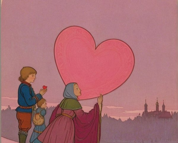 Whimsical Scene of Woman and Children at Sunset