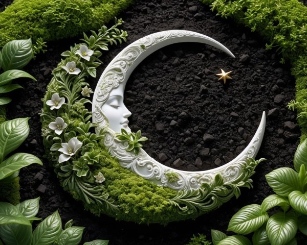 Elegant crescent moon surrounded by lush greenery