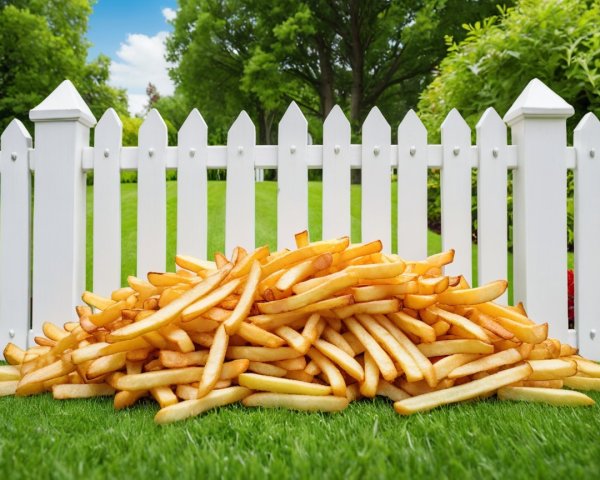 Golden French fries against a white picket fence