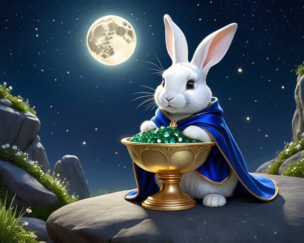 White Rabbit in Blue Cloak with Emeralds at Night