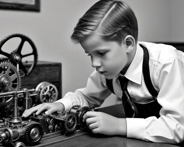 Young Boy Examines Vintage Gears in Monochrome Setting