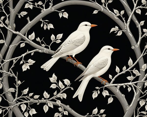 Elegant Illustration of White Birds on Black Background
