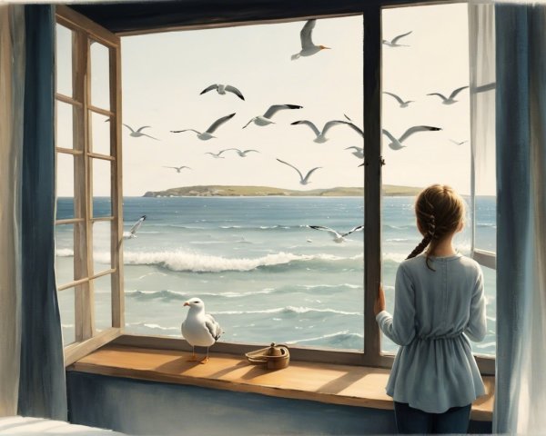 Coastal Scene with Young Girl Gazing at Ocean View