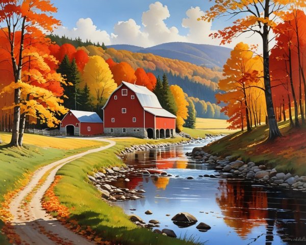 Autumn Landscape with Red Barn and Flowing River