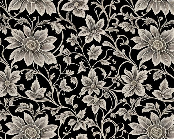 Intricate Floral Pattern in Beige and Cream on Black