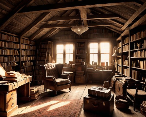 Cozy Rustic Attic Library with Wooden Beams and Bookshelves