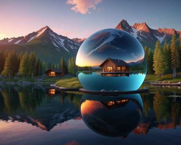 Wooden Cabin on Lake Inside Reflective Glass Sphere
