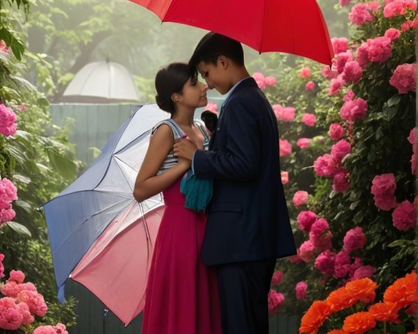 Couple in Flower Garden with Umbrellas and Blooms