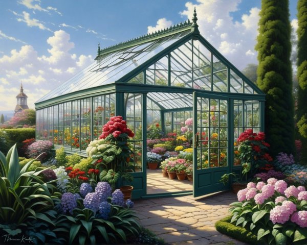 Vibrant Botanical Scene with Colorful Greenhouse and Garden